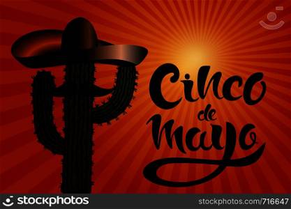 Happy Cinco de Mayo greeting card with hand drawn cactus, sombreros and lettering Cinco de Mayo! Creative vector illustration.