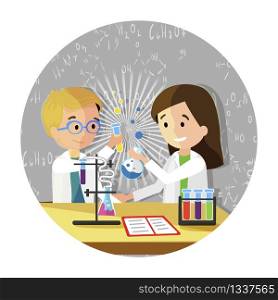 Happy Classmates Make Experiments, Holding School Equipment and take Notes in Chemistry Class. Vector Flat Illustration on Color Background. Instruments Beakers Tube Research are Laid out on Table.