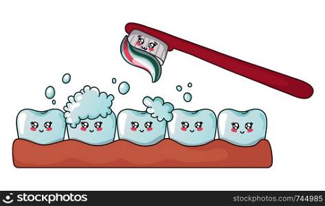 Happy clean and shining kawaii tooth with soap suds and toothbrush - cute cartoon characters on white, dental care and oral hygiene, dentistry, brushing your teeth vector flat illustration. kawaii dental care