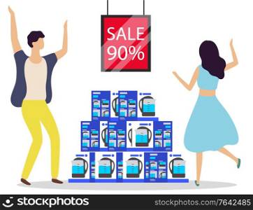 Happy clients of electronics. Man and woman dancing by kettle variety at store. Teapot in boxes on sale, discount 90 percent off price. Couple buying electric appliance for kitchen with offer vector. Happy Shopping People Dancing by Kettles on Sale