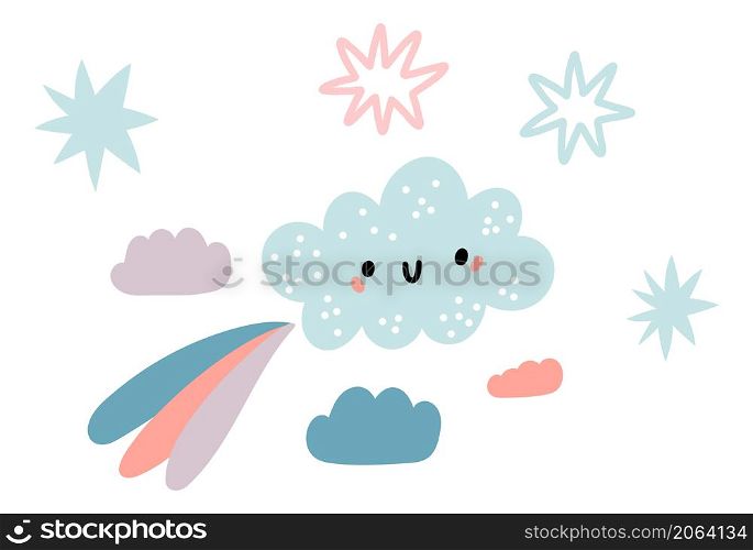 Happy cloud flying in sky. Cute smiling character in fun baby style isolated on white background. Happy cloud flying in sky. Cute smiling character in fun baby style