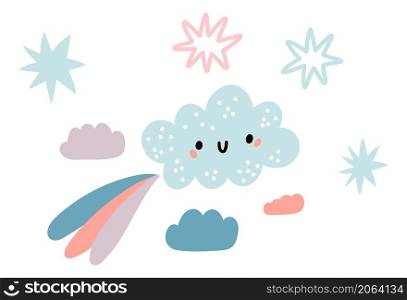 Happy cloud flying in sky. Cute smiling character in fun baby style isolated on white background. Happy cloud flying in sky. Cute smiling character in fun baby style