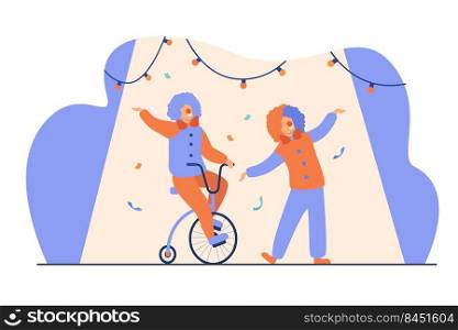 Happy clowns standing on circus arena flat vector illustration. Cartoon joker characters performing show on colorful background. Comedy and entertainment concept