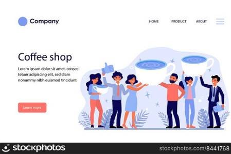 Happy coffee shop customers. People holding espresso cups, mug, black coffee flat vector illustration. Morning, cafe, drink concept for banner, website design or landing web page