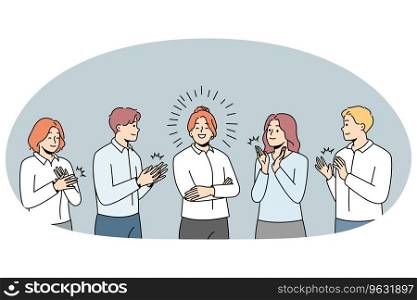 Happy colleague applaud greeting successful businesswoman with personal work achievement. Smiling employees clap hands show acknowledgement to female leader. Vector illustration.. Happy employee applaud to successful leader