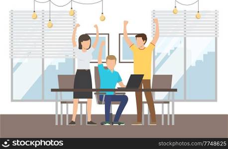 Happy colleagues rejoice at business success. Marketing strategy, business team develops solutions. People sitting at a table joyfully put their hands up together. The concept of a successful deal. Happy colleagues rejoice at business success. Marketing strategy, business team develops solutions