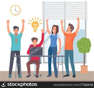 Happy colleagues with best business idea. Marketing strategy concept, business team develops solutions. People sitting at a table joyfully put their hands up together. The concept of a successful deal. Happy colleagues with best business idea. Marketing strategy, business team develops solutions