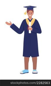Happy college alumnus semi flat color vector character. Standing figure. Full body person on white. Young man holding diploma simple cartoon style illustration for web graphic design and animation. Happy college alumnus semi flat color vector character