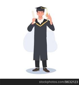 Happy College Student in Cap and Gown Receiving Degree at Graduation. Young Graduate Celebrating Academic Success in Graduation Ceremony