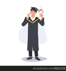 Happy College Student in Cap and Gown Receiving Degree at Graduation. Young Graduate Celebrating Academic Success in Graduation Ceremony