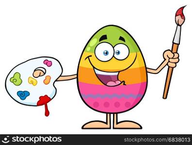 Happy Colored Easter Egg Cartoon Mascot Character Holding A Paintbrush And Palette. Illustration Isolated On White Background