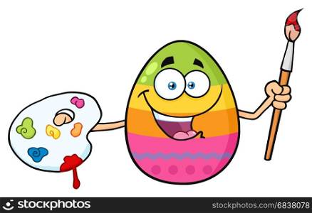 Happy Colored Easter Egg Cartoon Mascot Character Holding A Paintbrush And Palette. Illustration Isolated On White Background