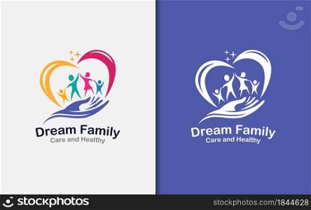 Happy Colorful Family Combined with Abstract Loving Hearth and Hand Shape Logo Design. Vector Logo Illustration. Graphic Design Element.