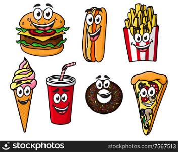 Happy colorful takeaway cartoon food with cute smiling faces including a cheeseburger, hot dog, French fries, ice cream cone, soda, bagel or doughnut and slice of pizza