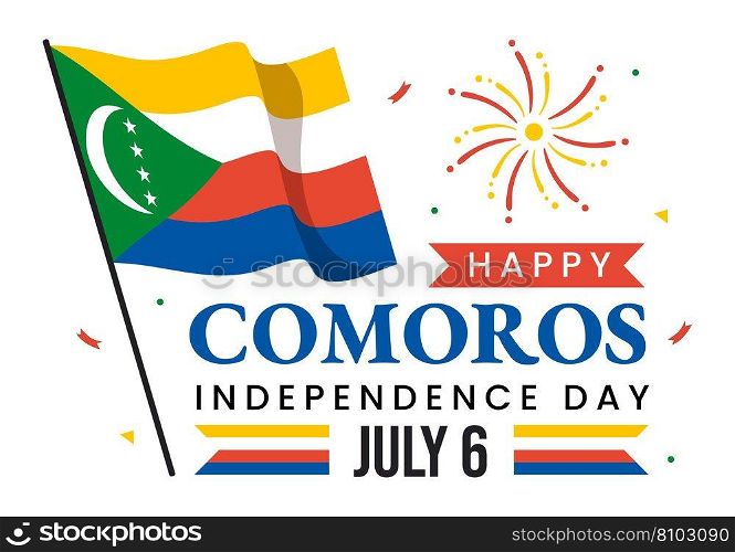 Happy Comoros Independence Day Vector Illustration with Comorian Waving Flag in National Holiday Flat Cartoon Background Hand Drawn Templates