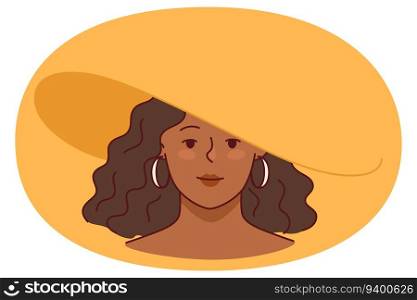 Happy confident African American woman wearing summer hat. Smiling biracial girl in headwear. Vector illustration.. Confident African American woman in hat