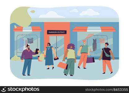 Happy consumers choosing clothes in shop or boutique flat vector illustration. Cartoon characters walking along street near trendy apparel store. Retail, fashion outlet and shopping concept