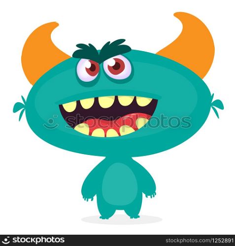 Happy cool cartoon fat monster. Blue and horned vector monster character