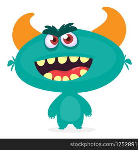 Happy cool cartoon fat monster. Blue and horned vector monster character