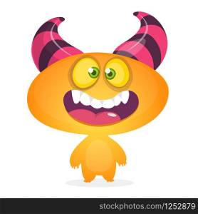 Happy cool cartoon fat monster. Orange and horned vector monster character