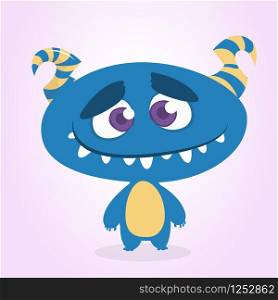 Happy cool cartoon fat monster with big head. Blue and horned vector monster character