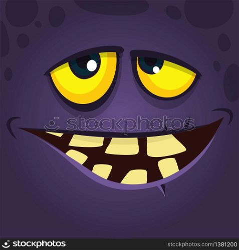 Happy cool cartoon monster face avatar with crooked smile. Vector Halloween black monster character