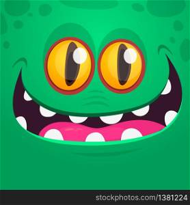Happy cool cartoon monster face. Vector Halloween green zombie or monster character