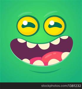 Happy cool cartoon monster face. Vector Halloween green zombie or monster character