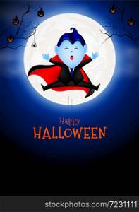 Happy count dracula in moon night background. Halloween cartoon character design. Happy halloween concept. Illustration for banner, poster, greeting card, digital design.