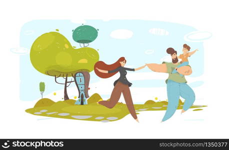 Happy Country Residents with Kid Enjoy Recreation. Cartoon Craft Family. Flat Country House and Garden. Natural Landscape. Leisure and Rest. Fresh Air. Work Life Balance. Vector Eco Illustration. Happy Country Residents with Kid Enjoy Recreation