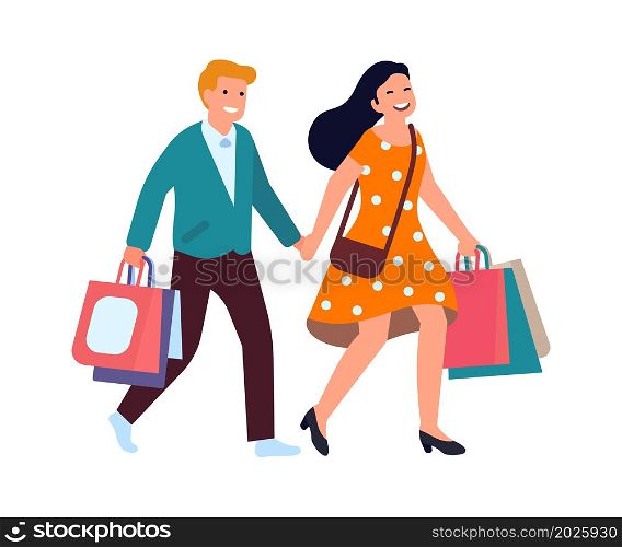 Happy couple after shopping. Man and woman walking with purchases in paper bags. Vector illustration. Happy couple after shopping. Man and woman walking with purchases in paper bags