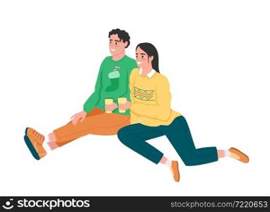 Happy couple at festive party semi flat color vector characters. Sitting figures. Full body people on white. Winter isolated modern cartoon style illustration for graphic design and animation. Happy couple at festive party semi flat color vector characters