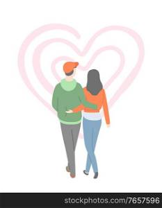 Happy couple back view, vector man and woman going to pink heart symbol of love. Vector isolated cartoon people, dating lovers walking together. Happy Couple Back View, Vector Man and Woman Heart