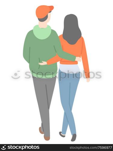 Happy couple back view, vector man in red cup, green hoodie and trousers and woman in red sweater and jeans isolated cartoon people, dating lover. Happy Couple Back, Vector Man and Woman Isolated