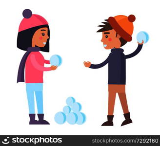 Happy couple boy and girl going to play snowballs outdoors at wintertime vector illustration isolated on white background. Teenagers in warm cloth. Happy Boy and Girl Going to Play Snowballs Winter