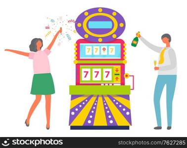 Happy couple celebrating jackpot in casino vector, man and woman drinking champagne. Lady with confetti dancing by slot machine showing numbers 777. Family win money in slot mashine. Flat cartoon. People Celebrating Slot Machine in Casino Vector