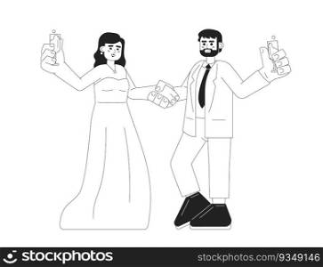 Happy couple celebrating wedding anniversary monochromatic flat vector characters. Ch&agne cheers. Editable thin line full body people on white. Simple bw cartoon spot image for web graphic design. Happy couple celebrating wedding anniversary monochromatic flat vector characters