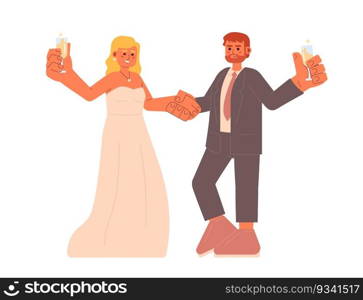 Happy couple celebrating wedding anniversary semi flat colorful vector characters. Ch&agne cheers. Editable full body people on white. Simple cartoon spot illustration for web graphic design. Happy couple celebrating wedding anniversary semi flat colorful vector characters