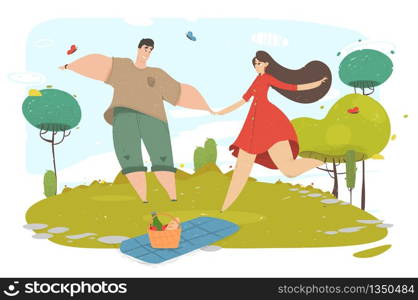 Happy Couple Characters Dating Outdoors on Picnic. Declaration of Love, Young Man Holding Womans Hand. Romantic Relation. Meeting. Man and Woman Walking at Summer Time Cartoon Flat Vector Illustration. Happy Couple Characters Dating Outdoors on Picnic