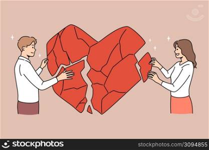 Happy couple connect huge heart pieces overcome relationship problems. Man and woman make peace or reconcile after successful family counseling or psychology session. Vector illustration. . Couple connect huge heart pieces together