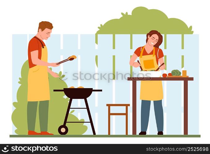 Happy couple cooking barbecue. Man roasting meat. Woman serving salad isolated on white background. Happy couple cooking barbecue. Man roasting meat. Woman serving salad
