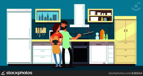 Happy couple cooking in kitchen vector illustration. Man and woman happy on kitchen cooking. Happy couple cooking in kitchen vector illustration