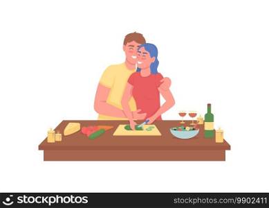 Happy couple cooking romantic dinner flat color vector detailed characters. Smiling man and woman in kitchen. Valentine day isolated cartoon illustration for web graphic design and animation. Happy couple cooking romantic dinner flat color vector detailed characters