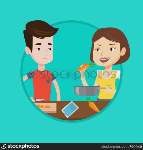Happy couple cooking together lunch. Young couple preparing vegetable meal. Caucasian couple cooking healthy vegetable meal. Vector flat design illustration in the circle isolated on background.. Couple cooking healthy vegetable meal.