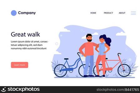 Happy couple dating outdoors. Riding bikes, standing, hugging flat vector illustration. Active lifestyle, love, romance concept for banner, website design or landing web page