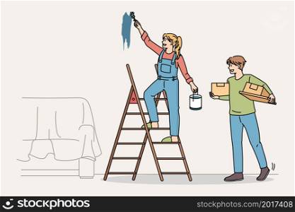 Happy couple do home renovation or decoration together. Smiling man and woman paint walls decorate repair house or apartment. Interior design concept. Vector illustration, cartoon character.. Happy couple decorate repair house together