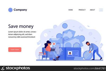 Happy couple earning money and counting budget. Cash, using laptop, new message flat vector illustration. Finance, financial success concept for banner, website design or landing web page
