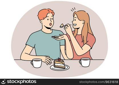 Happy couple eating cake together. Smiling woman feed man delicious dessert drinking tea. Vector illustration.. Happy couple eating cake together