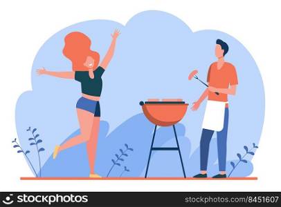 Happy couple enjoying barbecue party. Guy cooking grilled meat, girl dancing by him flat vector illustration. BBQ, picnic, summer concept for banner, website design or landing web page