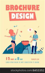 Happy couple enjoying barbecue party. Guy cooking grilled meat, girl dancing by him flat vector illustration. BBQ, picnic, summer concept for banner, website design or landing web page